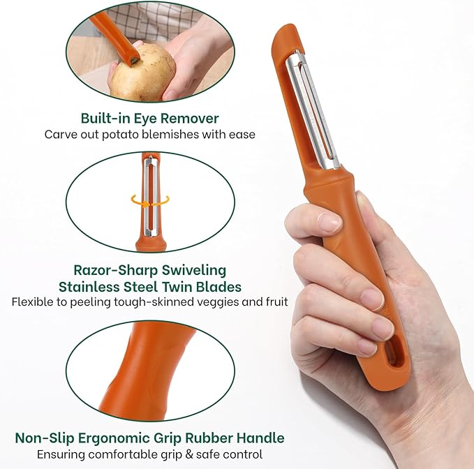 Beneno Swivel Vegetable Peeler, Razor-Sharp Smooth Peeling Potato Peelers with Stainless Steel Blades, Ergonomic Comfort Non-Slip Rubber Handle, Durable Kitchen Peelers with Potato Eye Remover, Orange - Image 3