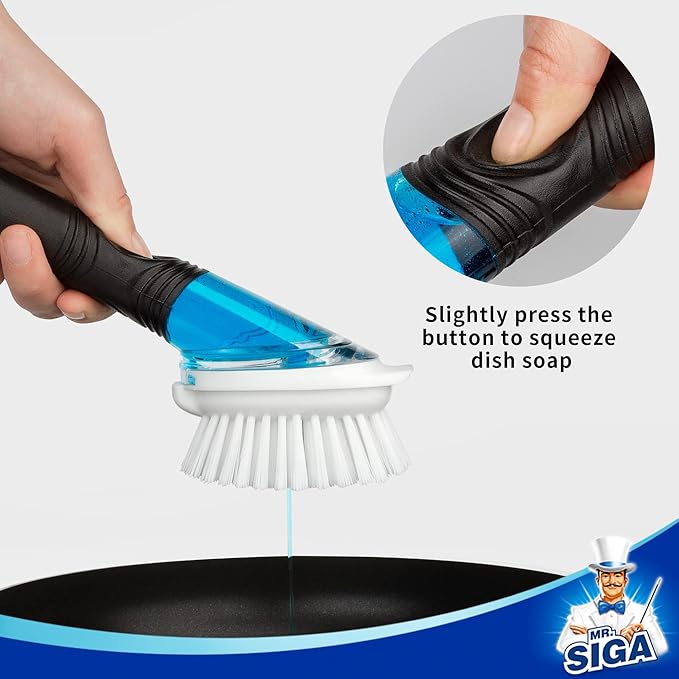 MR.SIGA Soap Dispensing Dish Brush, Kitchen Brush for Pot Pan Sink Cleaning, Black, Pack of 2 - Image 3