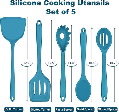TeamFar Silicone Cooking Utensils Set, 5-Piece Heat Resistant Kitchen Utensils Set, Nonstick Slotted Solid Spoon Turner Pasta Server for Frying, Serving, Mixing, Non-Toxic & Dishwasher Safe, Dark Blue - Image 2