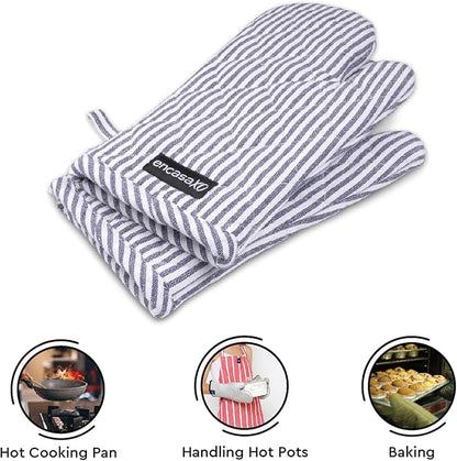Encasa XO Long 12"x7" Oven Microwave Hand Gloves Mitts (2 pc Set) for Kitchen Cooking & Baking - Heat Resistant, Thick & Safe, Protection of Hands from Hot Utensils - Ticking Navy Blue