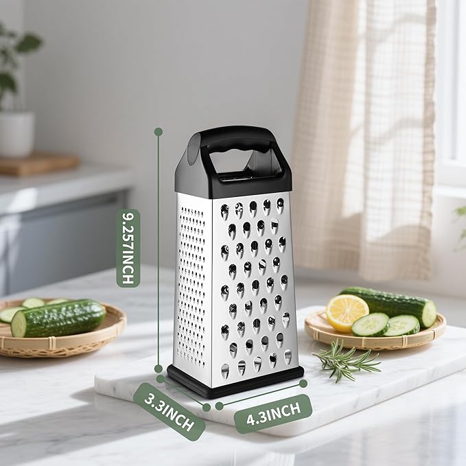 Cheese Grater, 9 IN Size 4-Sided Stainless Steel Grater, Food Shredder for Cheese, Parmesan, Vegetable, Dishwasher Safe, Black - Image 2