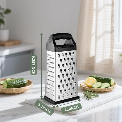 Cheese Grater, 9 IN Size 4-Sided Stainless Steel Grater, Food Shredder for Cheese, Parmesan, Vegetable, Dishwasher Safe, Black - Image 2