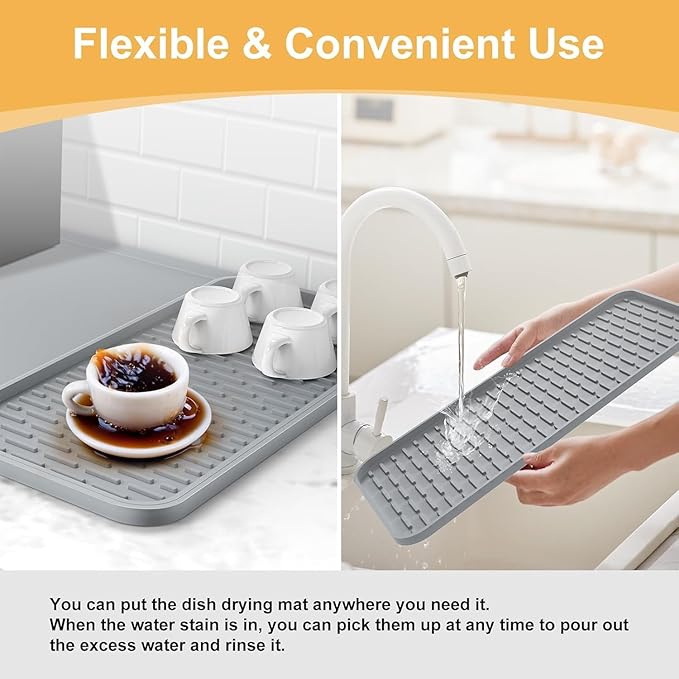 Silicone Coffee Mat,16'' x 16'' Coffee Bar Mat with Detachable Dish Drying Mat for Kitchen Countertops,Coffee Bar Accessories Fit Under Coffee Maker Coffee Machine Espresso Machine Dish Rack - Image 5
