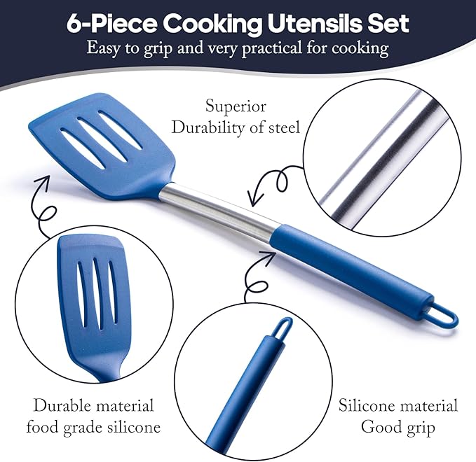 Silicone Kitchen Utensils Set - Culinary Couture 6-Pieces Blue Silicone Cooking Utensils Set for Nonstick Cookware - Stainless Steel Handle