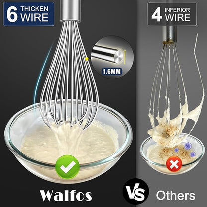 Walfos Whisk,304 Stainless Steel whisk,No-Rust 7+9+11inch Whisks for cooking Nice for Blending,Whisking,Beating.Heat resistant 600°F Dishwasher Safe. Heavy duty kitchen whisk.17.7+22.8+27.9cm -SILVER - Image 2