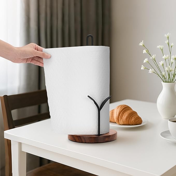 Wood Paper Towel Holder Countertop, Leaf-Shaped Accent Iron Rods with Anti Slip Weighted Base, Easy Tear Farmhouse Kitchen Towel Holder for Dining Table