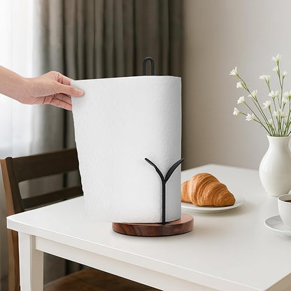 Wood Paper Towel Holder Countertop, Leaf-Shaped Accent Iron Rods with Anti Slip Weighted Base, Easy Tear Farmhouse Kitchen Towel Holder for Dining Table