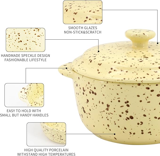4-Piece 10 Oz Mini Ceramic Cocotte Set with Lids & Handles - Oven-Safe Casserole Dishes Ideal for Souffle, Soup, Cobbler & More, Stoneware Baking Ramekins, Yellow