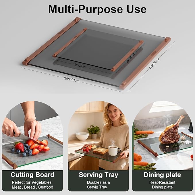 Glass Cutting Boards for Kitchen(12x16" & 12x8"),European Grey Glass Paired with Coffee-Colored Silicone Grip,No Scratches/Microplastic-Free/Non Toxic,Excellent Gift for Mother's Day and Father's Day