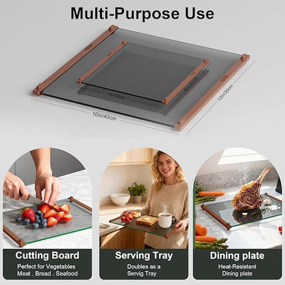 Glass Cutting Boards for Kitchen(12x16" & 12x8"),European Grey Glass Paired with Coffee-Colored Silicone Grip,No Scratches/Microplastic-Free/Non Toxic,Excellent Gift for Mother's Day and Father's Day