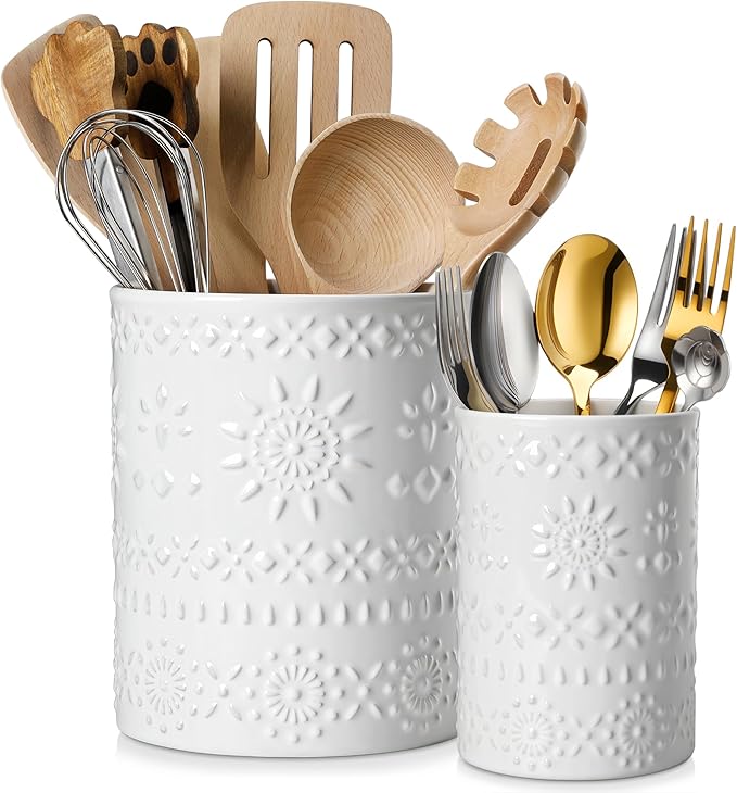 LOVECASA Utensil Holder, 7.2"+5.4" Ceramic Utensil Holder for Countertop, Large Cooking Utensil Crocks for Kitchen Counter, Farmhouse Utensil Vase for Housewarming, Kitchen Decor, Set of 2, Snow by LOVECASA