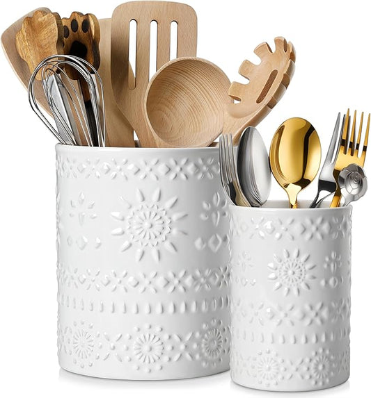 LOVECASA Utensil Holder, 7.2"+5.4" Ceramic Utensil Holder for Countertop, Large Cooking Utensil Crocks for Kitchen Counter, Farmhouse Utensil Vase for Housewarming, Kitchen Decor, Set of 2, Snow by LOVECASA