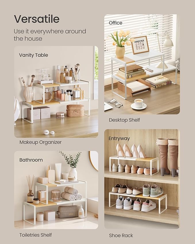 SONGMICS HOME Spice Racks, Expandable Cupboard Shelf Orgnizers, Kitchen Counter Shelves, Bamboo and Metal, Space-Saving Shelving, Stackable, Light Bamboo and Cream White UKCS051N01 - Image 6