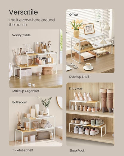 SONGMICS HOME Spice Racks, Expandable Cupboard Shelf Orgnizers, Kitchen Counter Shelves, Bamboo and Metal, Space-Saving Shelving, Stackable, Light Bamboo and Cream White UKCS051N01 - Image 6