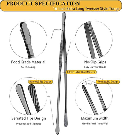 JETKONG 2 Pcs 16-Inch Heavy Duty Plating Tongs, Extra-Long Kitchen Fine Tongs Large Stainless Steel Cooking Forceps (Black) - Image 2