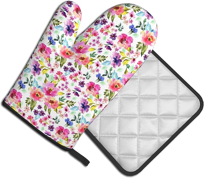 Floral Oven Mitts and Pot Holders Sets Spring Summer Kitchen Mitts Colorful Blossom Potholders 2PCS Wildflower Oven Gloves Hot Pads for Kitchen Baking Cooking - Image 2