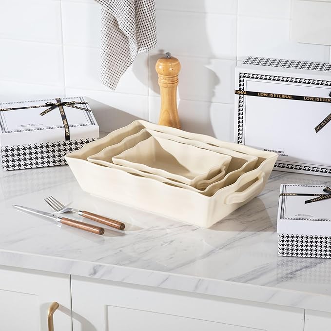 Sweejar Casserole Dishes for Oven, Ceramic Bakeware Set of 3, Rectangular Baking dish with Handles, Wave Edge Lasagna Pan Deep for Cooking, Cake, Dinner, Banquet and Daily Use (Beige) - Image 7