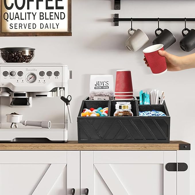 ugiftt Coffee Station Organizer for Counter, Wood Coffee Pods Holder Storage Basket, Tea Condiment Storage Organizer, Rustic Bar Decor for Accessories Organizer - Image 8