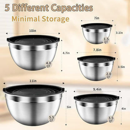 Mixing Bowls with Airtight Lids Set, 5 PCS Stainless Steel Black Nesting Bowls for Kitchen, Large Prep Metal Mixing Bowls for Kitchen, 5.5/4/3.5/2/1.5 QT for Mixing & Serving