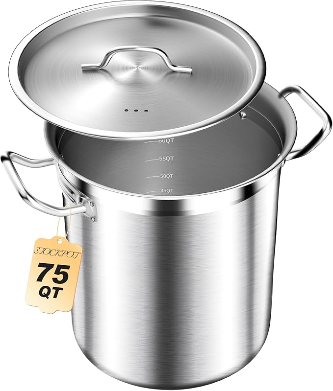 STOCKPOT 75 Quart Commercial Stock Pot with Lid – Restaurant-Grade Stainless Steel Soup Pot, Triple-Layer Even Heat Base, Steam Vent Lid, Induction Ready – Lobster Boils, Catering, Bulk Cooking