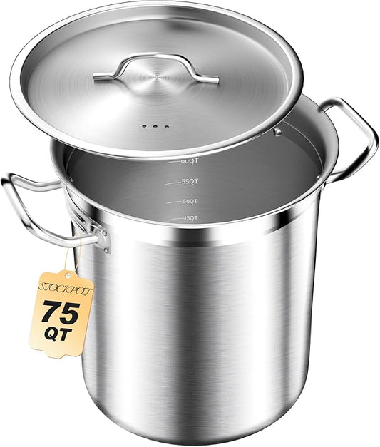 STOCKPOT 75 Quart Commercial Stock Pot with Lid – Restaurant-Grade Stainless Steel Soup Pot, Triple-Layer Even Heat Base, Steam Vent Lid, Induction Ready – Lobster Boils, Catering, Bulk Cooking