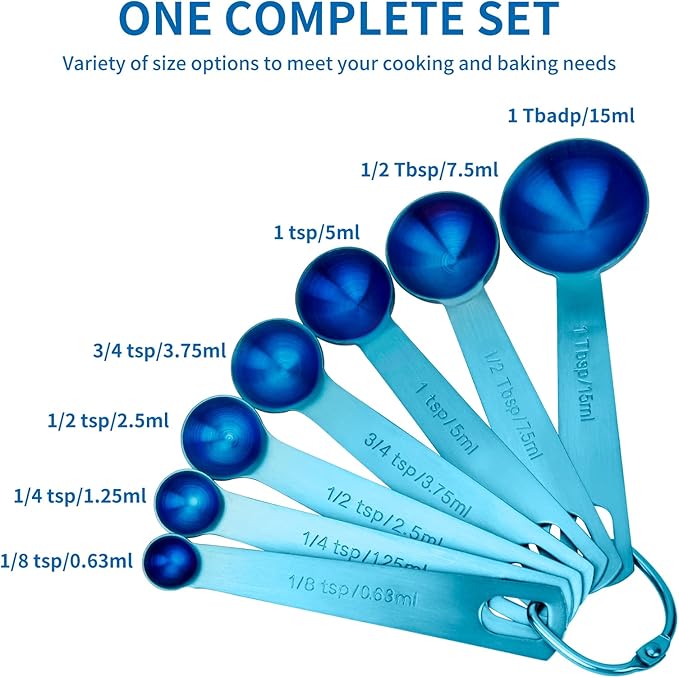 Measuring Spoons, SUS304 Stainless Steel Measuring Cups Set of 7 Piece： 1Tbsp&1/2Tbsp,1tsp,3/4tsp,1/2tsp,1/4tsp,1/8tsp Teaspoon Coffee Scoop Tablespoon for Dry and Liquid Ingredients, Blue - Image 3