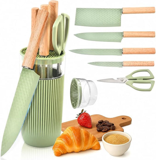 Knife Set, 6-Piece Kitchen Knife Set with Sharp Chef and Meat Knives, Anti-Rust Utility Knives Set for Kitchen, Kitchen Knife Block Set （Green）
