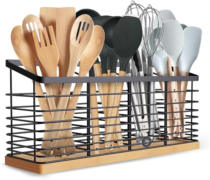 Suli Extra Large Kitchen Utensil Holder with 4 Compartments, Matte Black Metal holder with Wooden Base for Countertop, Farmhouse Cooking Utensil Storage, Rustic Cooking Utensil Organizer by Suli