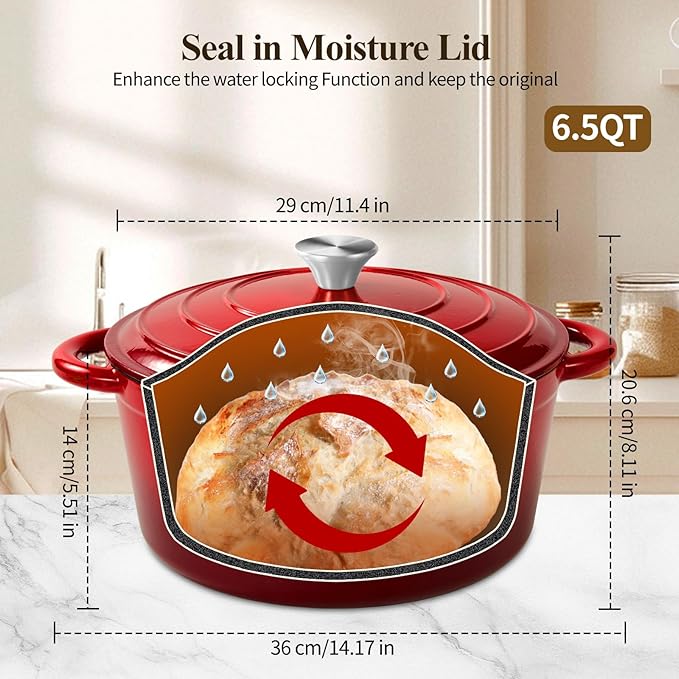 Enameled Cast Iron Dutch Oven with Lid -6.5 QT, incl. Sourdough Bread-Baking Supplies like Banneton Proofing Basket, Heavy Duty Cookware Bread-Oven for Baking, Stews, and Roasting, Cherry Red - Image 3