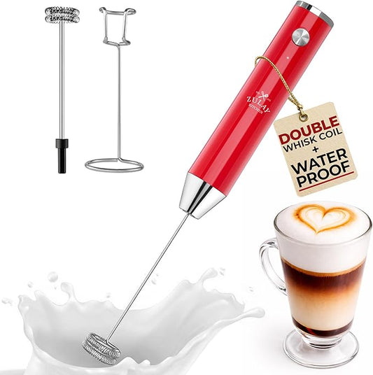 Zulay Kitchen Rechargeable Milk Frother Handheld Lux - Powerful 2-Speed Motor, Waterproof, 2000mAh Battery - Drink Mixer for Latte, Cappuccino, Matcha & Protein Powder - Scarlet by ZulayKitchen