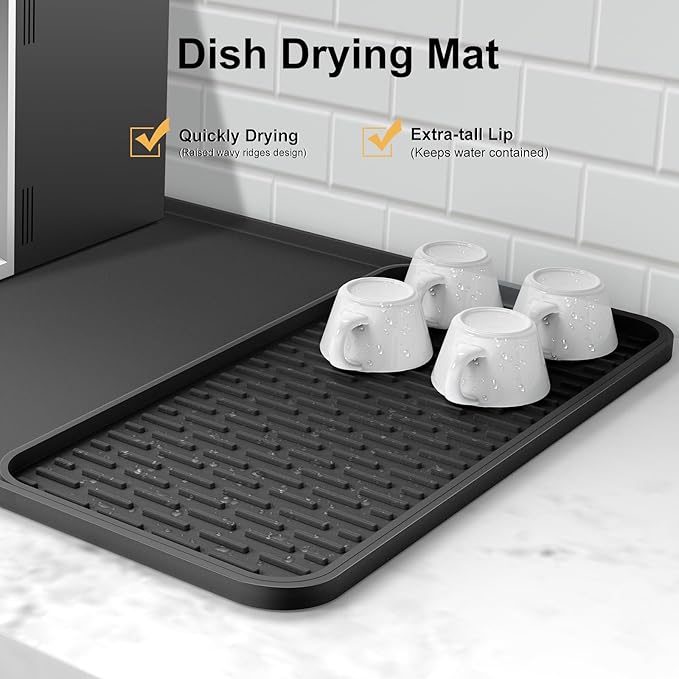 Silicone Coffee Mat,16''x16'' Coffee Bar Mat with Detachable Dish Drying Mat for Kitchen Countertops,Coffee Bar Accessories Fit Under Coffee Maker Coffee Machine Coffee Pot Espresso Machine Dish Rack - Image 3