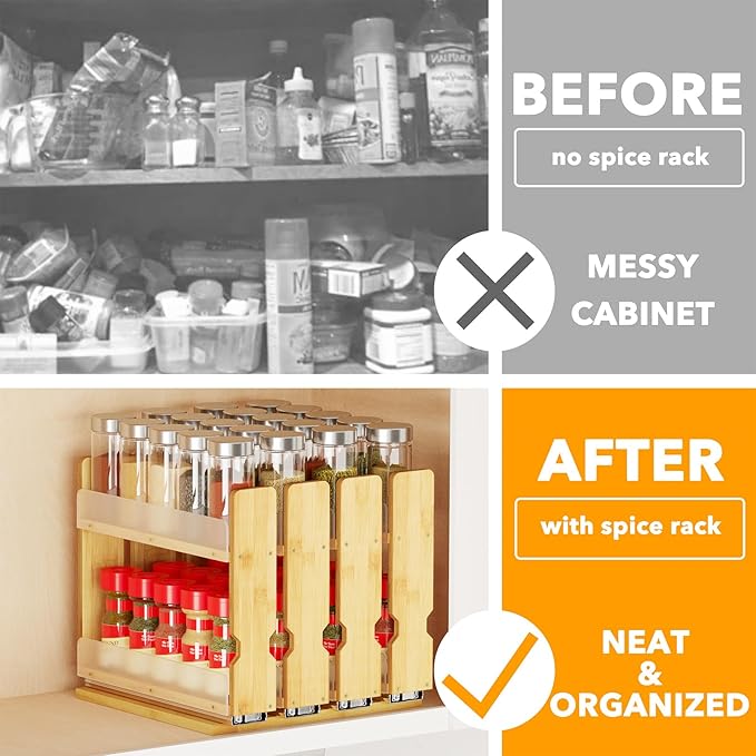 SpaceAid Bamboo Pull Out Spice Rack Organizer for Cabinet, Heavy Duty Slide Out Seasoning Kitchen Pantry Sliding Vertical Organization, 10.1" Wide, 4 Drawers(2" Wide), 2-Tier, Natural - Image 2