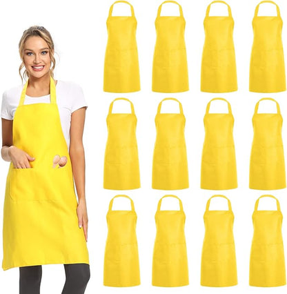 DUSKCOVE 12 Pack Plain Bib Aprons with 2 Pockets - Yellow Unisex Commercial Apron Bulk for Kitchen Cooking Restaurant BBQ Painting Crafting by DUSKCOVE