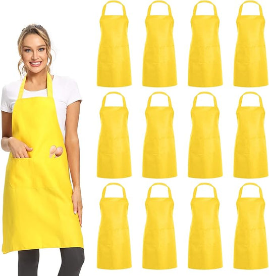 DUSKCOVE 12 Pack Plain Bib Aprons with 2 Pockets - Yellow Unisex Commercial Apron Bulk for Kitchen Cooking Restaurant BBQ Painting Crafting by DUSKCOVE