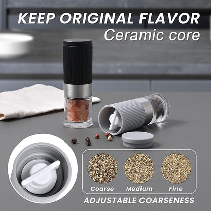 Mini Salt and Pepper Grinder Set, Small Tiny Adjustable Coarseness Ceramic Salt Grinder with Funnel and Bag Portable Handy Spice Pepper Mill Shaker For Outdoor Party Lunch Bag Kitchen
