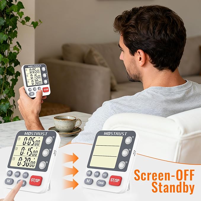 Digital Dual Kitchen Timer, 3 Channels Countdown Triple Timer for Cooking, Magnetic Memory-Preset Large Display Adjustable Alarm Volume, Multi Times Management, 3A Battery Included, White - Image 5