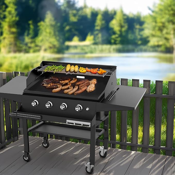 Universal Wind Guard and Warming Rack Fit for Griddle Without a Hood from 28" to 36", Wind Screen and Cooking Grid BBQ Griddle Accessories for Blackstone and Other Griddle with Rear Grease