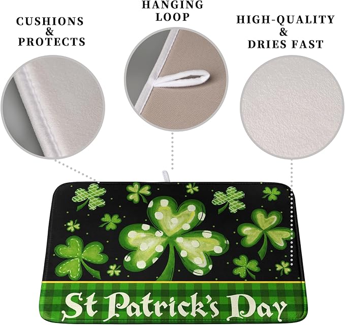 St Patrick's Day Dish Drying Mats for Kitchen Counter 16x18 Inch Lucky Clovers Shamrock Green Buffalo Plaid Drying Mat Microfiber Absorbent Dish Drying Pad Dish Drainer Rack Mats for Kitchen Sink - Image 3
