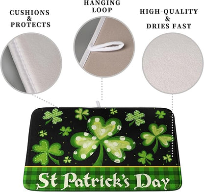 St Patrick's Day Dish Drying Mats for Kitchen Counter 16x18 Inch Lucky Clovers Shamrock Green Buffalo Plaid Drying Mat Microfiber Absorbent Dish Drying Pad Dish Drainer Rack Mats for Kitchen Sink - Image 3