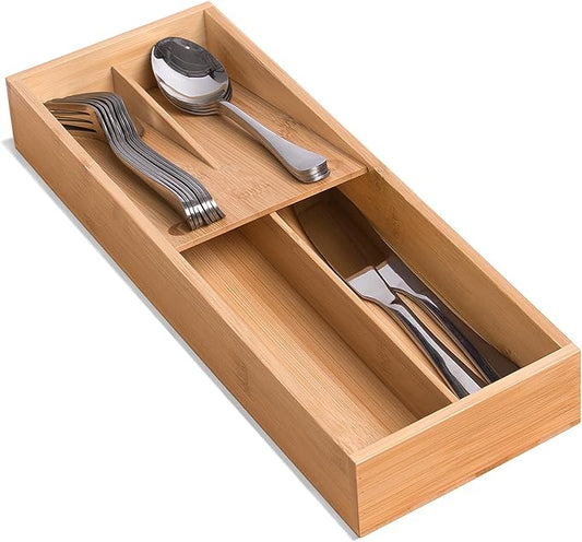 guiogc Bamboo Silverware Drawer Organizer, Kitchen Small Silverware Organizer, Utensil Tray Holder, Cutlery Tray for Spoons, Forks, Knives, Suitable for a family of 2-4