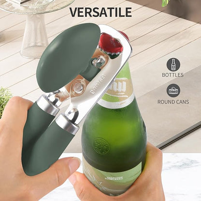 Safring Can Opener Manual, Heavy Duty Stainless Steel Smooth Edge Can Opener With Soft Touch Handle, Oversized Handheld Easy Turn Knob, Multi-Function Bottle Opener, Hunter Green