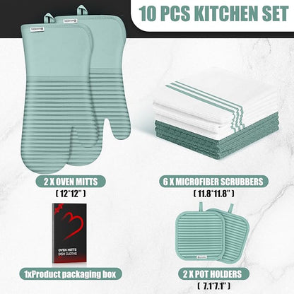 Oven Mitts and Pot Holder Sets with Silicone Grip, 500°F Heat Resistant-6 Pack Dishcloth/Dish Towels for Kitchen 100% Cotton-Value Kitchen Essentials for Cooking, Baking, Grilling-Mint Green - Image 2