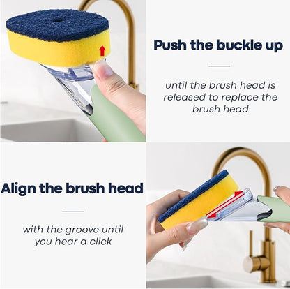 Dish Brush with Soap Dispenser Storage Set with 2 PCS Sponge Refills & Holder, Soap Dispensing Dish Brushes, Sponge with Soap Dispenser Handle, Dish Sponges with Handle for Dishes Pans Pots Sink