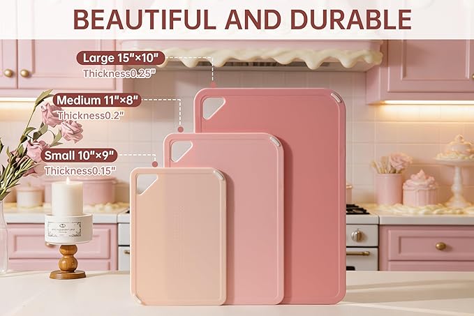 THETCHRY Plastic Cutting Board Set, Pink Cutting Board with Non-slip, Cutting Board for Kitchen Set of 3, Dishwasher Safe, BPA Free, Reversible, with Grip Handle, Pink - Image 2
