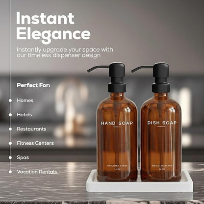 Amber Glass Hand and Dish Soap Dispenser Set by Brighter Barns - Kitchen Soap Dispenser Set with Tray for Kitchen, Airbnb, Vacation Rental or Restaurant - Modern Kitchen Decor & Accessories (Amber) - Image 2