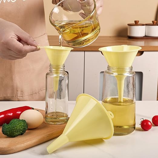 Plastic Kitchen Funnel Set of 3, Round Kitchen Funnels for Filling Bottles, Durable and Multifunctional Funnels for Filling Canning, Cooking, Lab or Car Oil (Milk Yellow) - Image 6