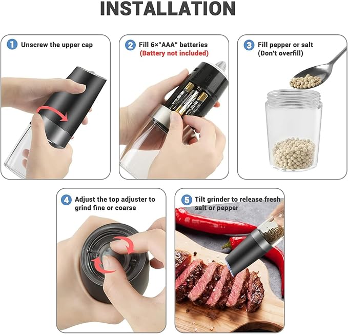 Gravity Electric Salt and Pepper Grinder Set, Battery Powered LED Light One Hand Automatic Operation, Adjustable Coarseness Mill Grinders Shakers Black (A.Black 2p)