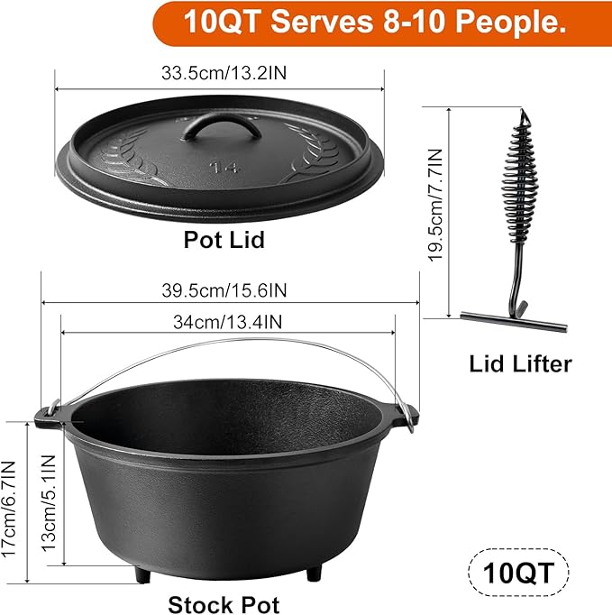 10 QT Pre-Seasoned Cast Iron Camp Dutch Oven with Lid, Large Camping Dutch Oven Pot, incl. Lid Lifter - Dual Handles - for Outdoor Campfire, Grill, Oven&Stovetop Cooking - Black - Image 2