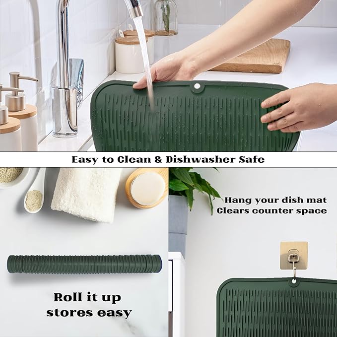 ZLR Large Silicone Dish Drying Mat (16" x 18") - XL Heavy Duty Drainboard Mat for Pots, Pans & Family Loads - Heat Resistant Trivet & Counter Protector, Easy Clean (Dark Green) - Image 4