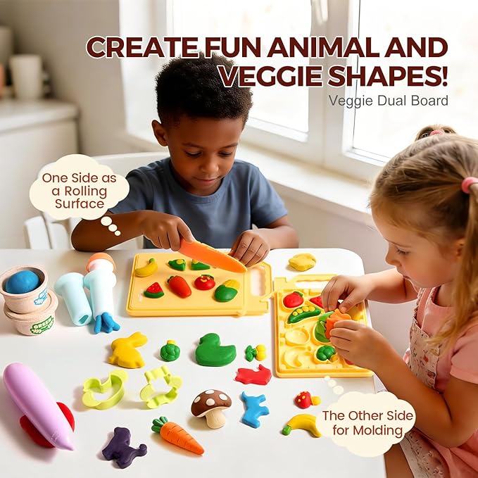 Jar Melo Dough Tool Set, 13 Pcs Farm Dough Tools for Kids Ages 2+, Dough Accessories Includes Cutters, Roller, Safety Scissors, Animal Molds and Veggie Board. Preschool Arts & Crafts Toy